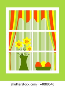 vector bunch of daffodils and easter eggs in bowl behind window
