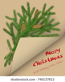 Vector bunch of fir tree branches with cones in folded kraft paper corner. For Christmas and New Year cards