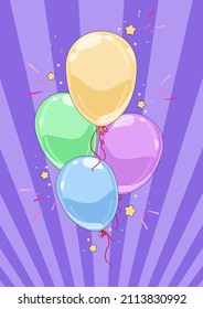 Vector bunch of flying balloons, multicolored, filled with helium isolated on purple strapes background. Clipart with decorative objects for holidays, birthday, carnival parties, events.