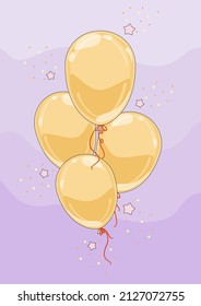 Vector bunch of flying balloons, multicolored, filled with helium isolated on purple strapes background. Clipart with decorative objects for holidays, birthday, carnival parties, events.