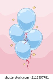 Grupo vectorial de globos azules voladores, llenos de helio aislado en el fondo de la rosa luz. Ilustración con objetos decorativos para vacaciones, cumpleaños, ducha de bebé, fiestas de carnaval, eventos.