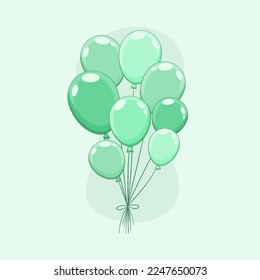 Grupo vectorial de globos verdes voladores, atados juntos, llenos de helio aislado en el fondo. Clipart con objetos decorativos para ducha, cumpleaños, fiestas de carnaval, eventos.