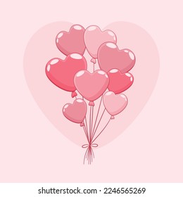 Grupo vectorial de globos con forma de corazón volador, atados juntos, llenos de helio aislado en el fondo. Clipart con objetos decorativos para el día de San Valentín, cumpleaños, fiestas de carnaval, eventos.