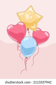 Vector bunch of flying heart and star shaped balloons, multicolored, filled with helium isolated on light background. Clipart with decorative objects for holidays, birthday, carnival parties, events.