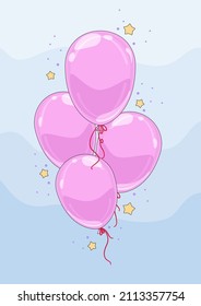 Vector bunch of flying pink balloons, filled with helium isolated on light blue background. Illustration with decorative objects for holidays, birthday, baby shower, carnival parties, events.