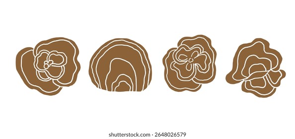 Cacho vetorial com silhueta Trametes versicolor ou Coriolus versicolor ou fundo isolado ornamentado de cogumelos de cauda de Turquia. Medicina alternativa, cosméticos, ingrediente alimentar. Design para logotipo, sinal