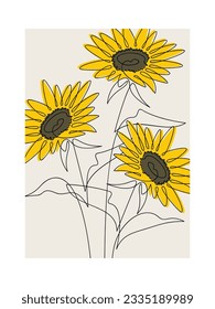 Vector bunch of sunflowers. Helianthus flower bouquet icon. Line continuous drawing. Linear floral illustration. Graphic design, outline print, beauty branding, card, poster, logo. Symbol of Ukraine.