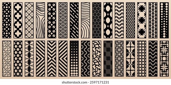 Vector bundle of 30 templates for laser, CNC cut. Elegant design with abstract geometric patterns, modern oriental ornaments. Stencils for cutting of wood, paper, metal, plywood. Aspect ratio 1:4