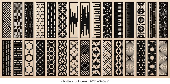 Vector bundle of 30 templates for laser, CNC cut. Unique design with abstract geometric patterns, modern geo ornaments. Stencils for plotter cutting of wood, paper, metal, plywood. Aspect ratio 1:4