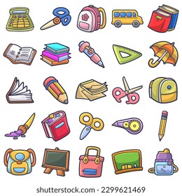 Vector bundle of assorted school supplies cute art style