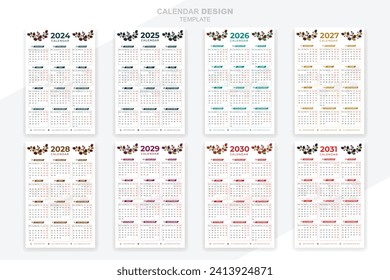 Vector bundle calendars template 2024, 2025, 2026, 2027, 2028, 2029, 2030 years design planner .
