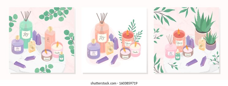Vector bundle of  candles,deffuser,oil,aloe,perfume and amethyst crystals on a decorative marble tray.Ayurveda,spa and wellness concept.Aromatherapy and ralax design elements.Home fragrances