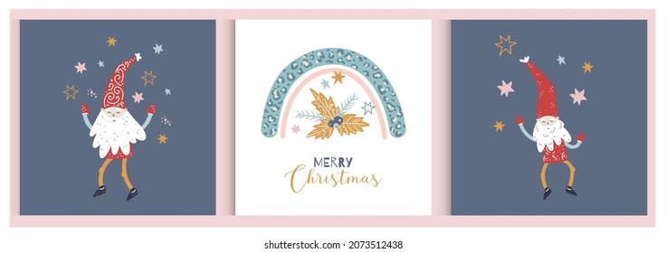 Vector bundle of Christmas cards. Scandinavian New Year and Christmas flyer, cards. Christmas rainbow and red gnomes in the flat hand drawn style. Cute childish illustration. Winter holidays.