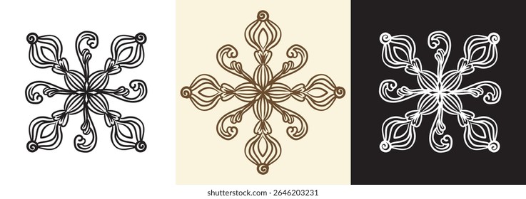 Vector bundle of decorative design elements in three colors. Vintage damask, baroque wedding ornaments. Engraving retro pattern. Illustration for decoration, cards, invitation and clothes