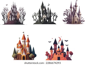 Vector bundle of fantasy castle. Editable vectors