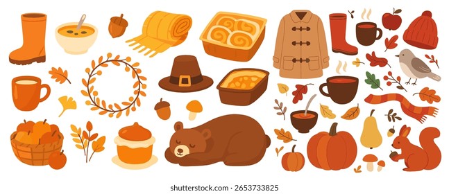 Vector bundle featuring pumpkins, falling leaves, hot drinks, baked treats, warm clothes, animals and other cozy harvest icons in orange and brown hues, ideal for autumn and Thanksgiving designs.