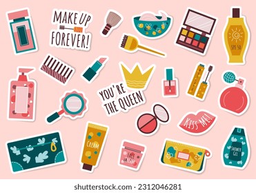 Paquete vectorial de productos de belleza planos, maquillaje, bolsas, lemas.