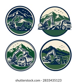 Vector bundle of four heavy equipment construction logos featuring excavators and dump trucks with mountain background. Perfect for mining company branding and civil engineering emblems