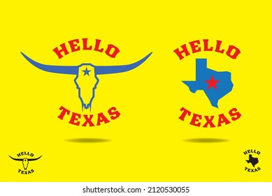 Vector bundle  hello texas with bull skelleton and state map canbe use for t shirt sourvenier coffee mug website template advertisment product