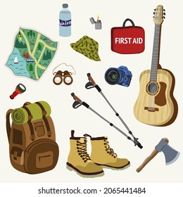 Vector Bundle For Hiking And Camping: Travel Map, Bottle Of Water, Panama, Lighter, First Aid Bag, Guitar, Binoculars, Flashlight, Tourist Backpack, Boots, Ax, Nordic Walking Sticks