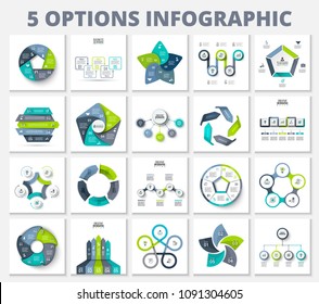 Vector bundle infographics elements. Business template presentations. Circles, pentagons, arrows and other abstract elements with 5 steps, options, parts or processes.