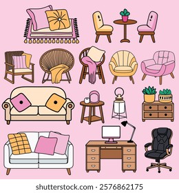 Vector Bundle of Interior-Themed Pink and Yellow Drawings: Sofa, Chair, and Table