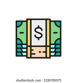 Vector bundle of money, cash, dollar, banknote flat color line icon.