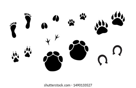 Vector bundle set of black animals foot prints isolated on white background