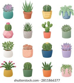 Vector bundle of sixteen cute desert plants, cacti, and succulent icons in colorful decorative pots. Featuring echeveria, aloe vera, barrel cactus, bunny ear cactus, zebra haworthia, lithops, jade plant, and string of pearls in minimalist modern pots.