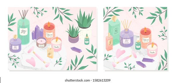 Vector bundle of skincare cosmetic products,face massage tools,oil,amethyst crystals,candles,diffuser,aloe on a decorative marble tray.Wellness and selfcare illustrations.Beauty routine.Home decor