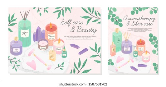 Vector bundle of skincare cosmetic products,face massage tools,oil,amethyst crystals,candles,diffuser,aloe on a decorative marble tray.Aromatherapy,spa,wellness and selfcare concept.Beauty routine.