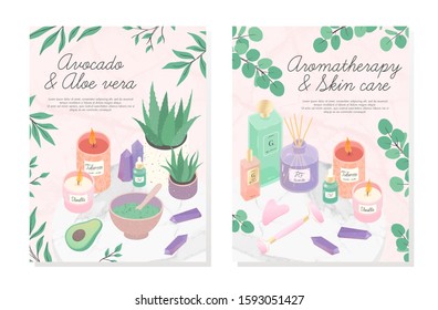 Vector bundle of skincare cosmetic products,face massage tools,oil,amethyst crystals,candles,diffuser, avocado and aloe facial mask.Aromatherapy,spa,wellness and selfcare concept.Beauty routine.