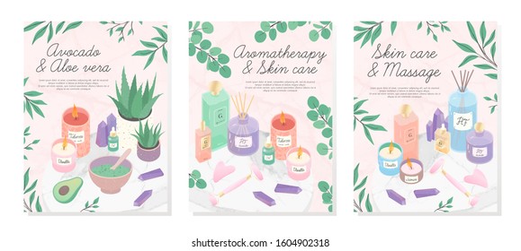 Vector bundle of skincare cosmetic products,face massage tools,oil,amethyst crystals,candles,diffuser, avocado and aloe facial mask.Aromatherapy,spa,wellness and skin care concept.Beauty routine.