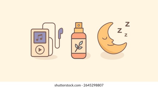Pacote vetorial de ícones relacionados ao sono: player de música, spray de aromaterapia e lua de dormir para o bem-estar, aplicativos para dormir e conteúdo de IU calmante