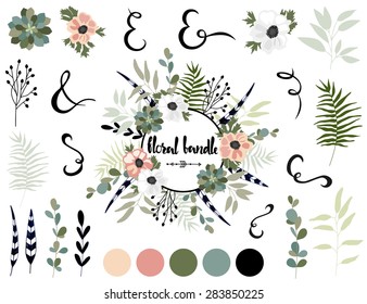 Vector bundle with summer tropical flowers. Vector illustration. Vintage collection with flowers.