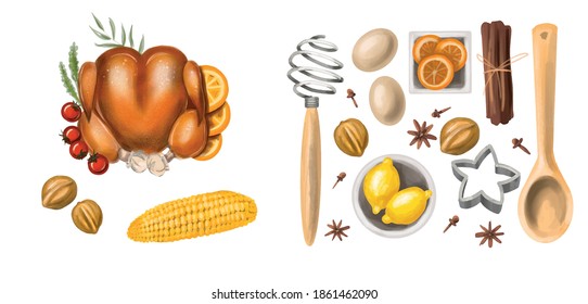 Vector bundle for Thanksgiving. Turkey, kitchenware, lemons, eggs, oranges, corn etc on a white background. 