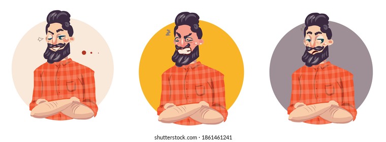 Vector bundle, three piece emogy. Hipster male being cocky, angry, sassy and playfull. 