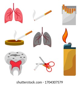 Conjuntos vectores, cigarrillos, paquetes de cigarrillos, pulmones sucios, fósforos de gas, cigarrillos cortados, cigarrillos rotos por fumar.