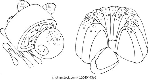 Vector bundt cake and apple strudel isolated on white background