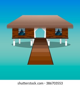 Vector bungalows painted in the style of flat / tropical bungalows / beach bungalows / bungalow in paradise / wooden house on the beach / tropical vacation/bungalows