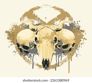 vector bunner with human and cow skulls. black spots and an inverted pentagram star. Graphic print for clothes, fabric, wallpaper, wrapping paper, design element for halloween party