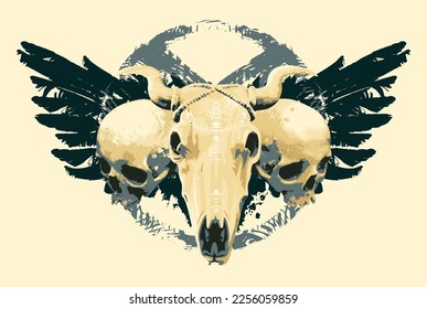 vector bunner sign with human and cow skulls with wings. black spots and an inverted pentagram star. Graphic print for clothes, fabric, wallpaper, wrapping paper, design element for halloween party