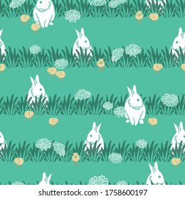 Vector bunnies, chicks, flowers seamless pattern