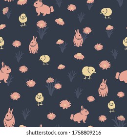 Vector bunnies, chicks, flowers seamless pattern