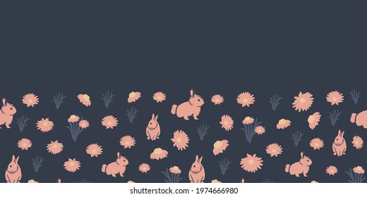 Vector bunnies, daisies border seamless pattern