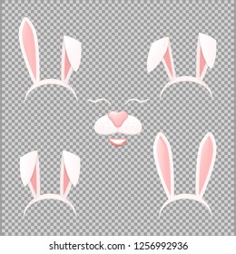 Vector Bunny ears mask set cartoon  illustration isolated on a transparent background . Ostern rabbit rabbit ears and muzzle with a nose spring hat collection 