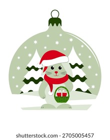 Conejito de Vector con regalo en canasta en bola de Navidad aislado sobre fondo blanco