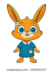 Vector bunny girl. Orange rabbit in a blue dress with flower and big blue eyes. Vector illustration of animal in cartoon style for postcard or clothes. Vector illustration isolated on white background