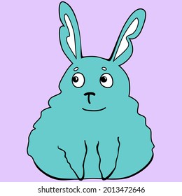 Vector bunny illustration. Funny doodle painting of turquoise rabbit drawn in cartoon style. Cute animal illustration for kids books