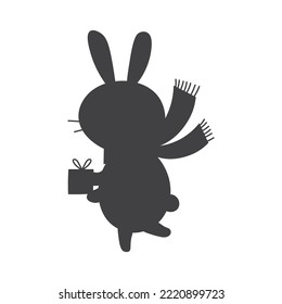 Vector bunny in scarf. winter illustration of a symbol of chinese new year 2023. Black rabbit silhouette in clothes for Merry Christmas greeting card for children EPS